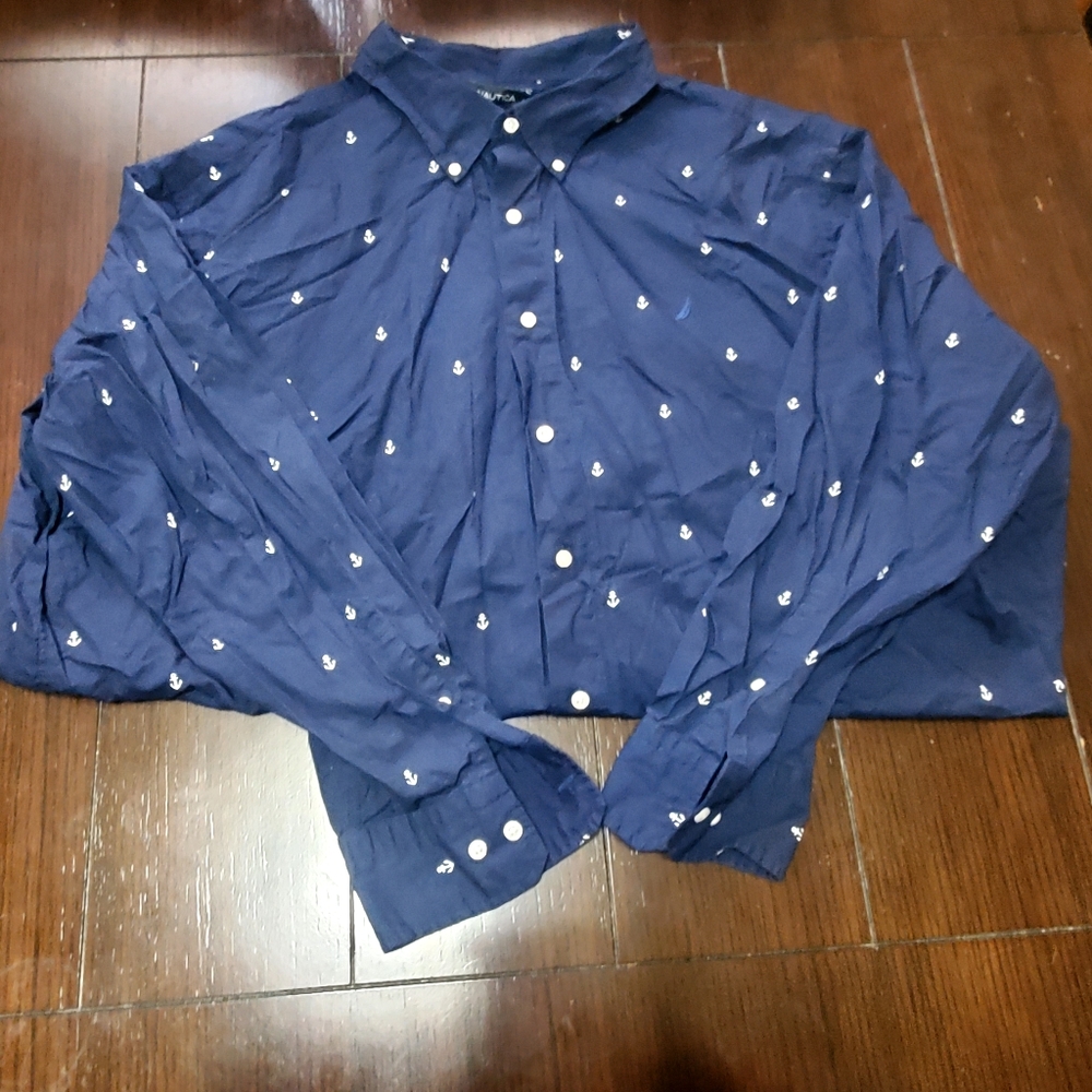 Nautica Anchor Pattern Long Sleeve Button Down Shirt